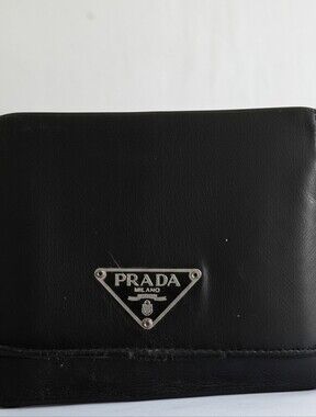 Prada Black Saffiano Leather Trifold Wallet with Silver Logo